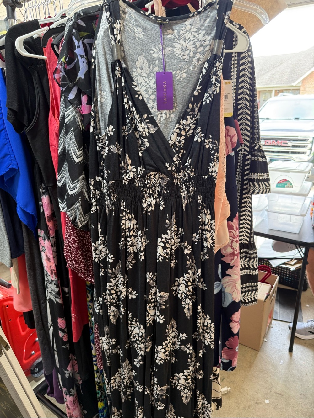 Lascana Black Floral Maxi Dress with Smocked Waist